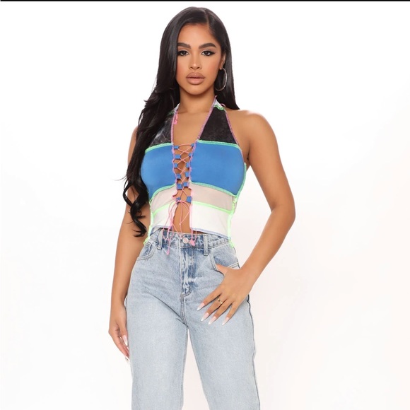 Color It In Colorblock Halter Top - Blue Green Pink Topstitching Distressed - Picture 5 of 16